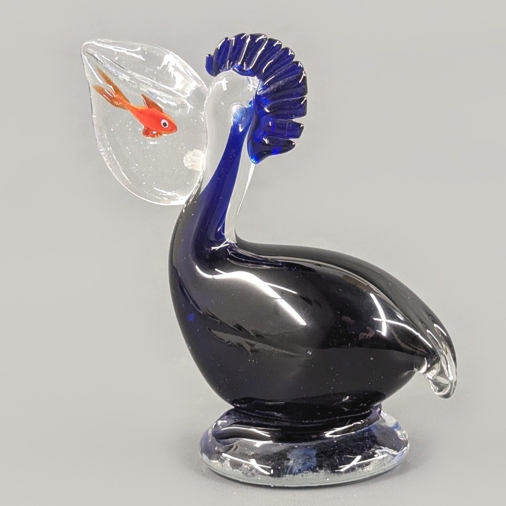 Murano Style Hand Blown Art Glass Pelican Figurine Blue With Fish In Beak 5.5in